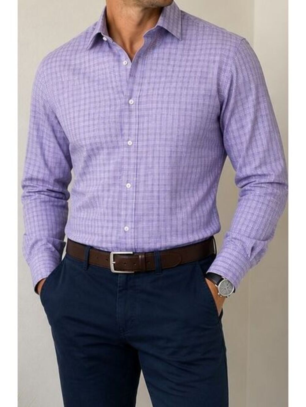 J.W Nordstrom 16.5/35 Purple Check Dress Shirt 100% Cotton Traditional Fit